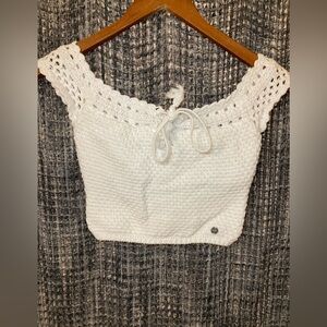 White Crochet Tie-Front Crop Top by Hollister